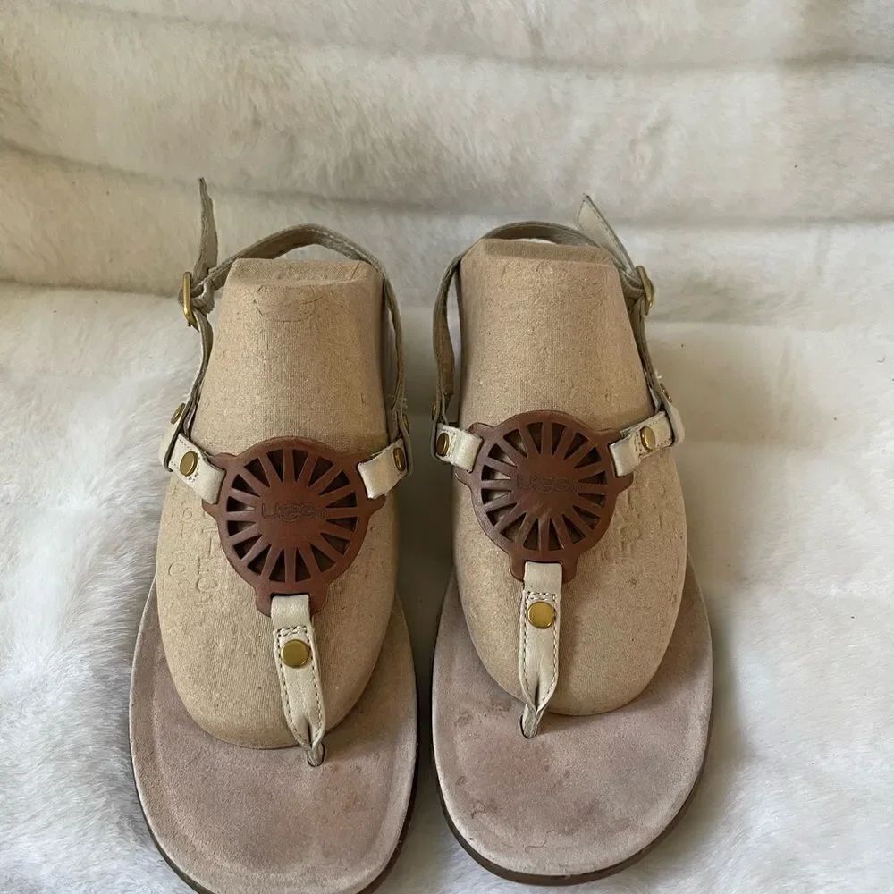 Ugg leather Beige and brown thong sandals with gold tone accents size8